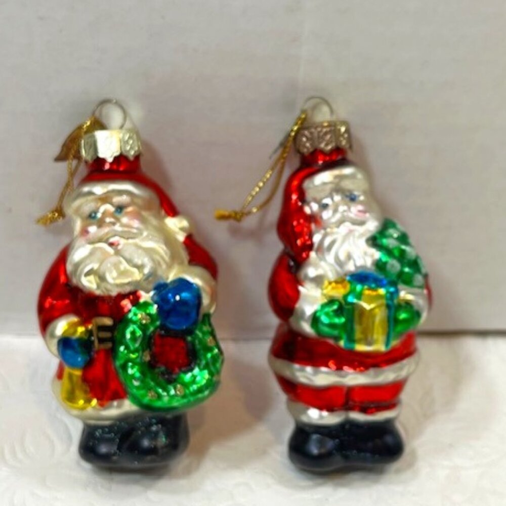 TWO VTG Santa Hand Blown Glass Glitter Christmas Tree Ornaments 1.5"x3.5"